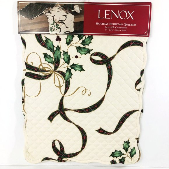 Lenox Christmas Reversible Table Runner Quilted Nouveau Ribbon Pattern 14x36 New - Picture 1 of 3